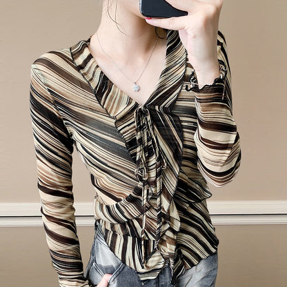 Fashionable Sheer Mesh Floral Long-Sleeve Top For Women