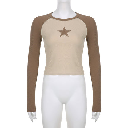 Stars Patchwork Long Sleeve T-shirts Women Slim Tops