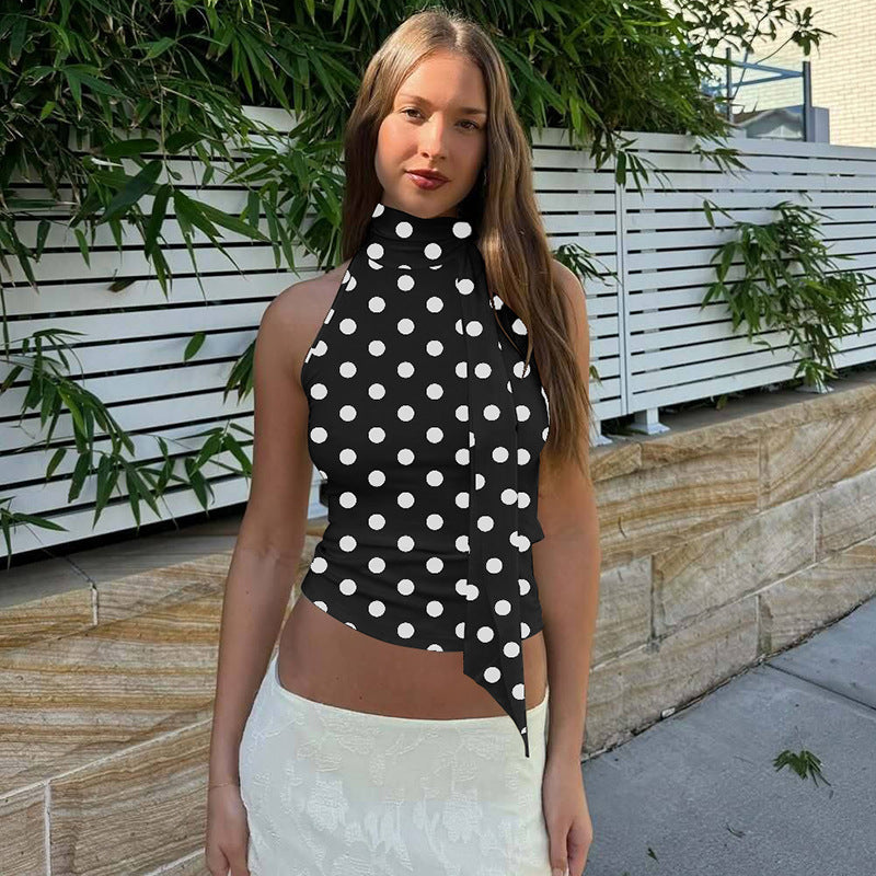 Lace-up Halterneck Sleeveless Printed Top For Women