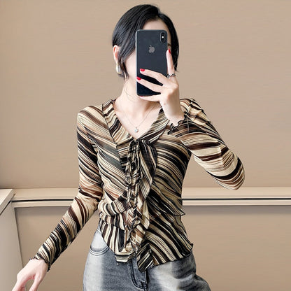 Fashionable Sheer Mesh Floral Long-Sleeve Top For Women