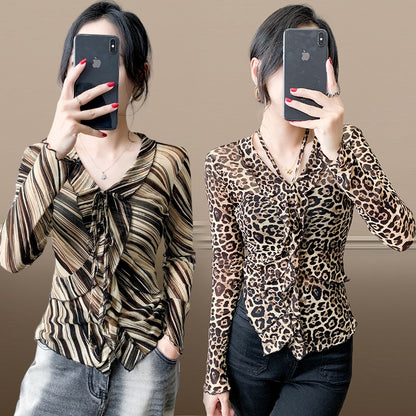 Fashionable Sheer Mesh Floral Long-Sleeve Top For Women