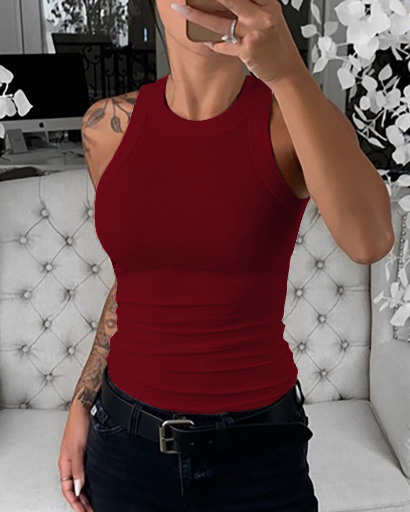 Solid-color Sleeveless Ribbed Tank Top For Women