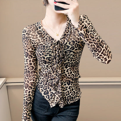 Fashionable Sheer Mesh Floral Long-Sleeve Top For Women