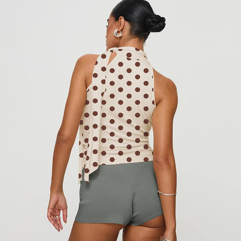 Lace-up Halterneck Sleeveless Printed Top For Women