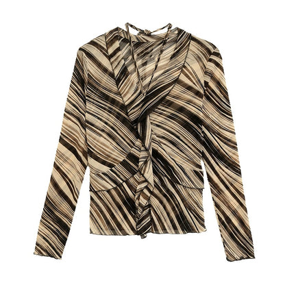 Fashionable Sheer Mesh Floral Long-Sleeve Top For Women
